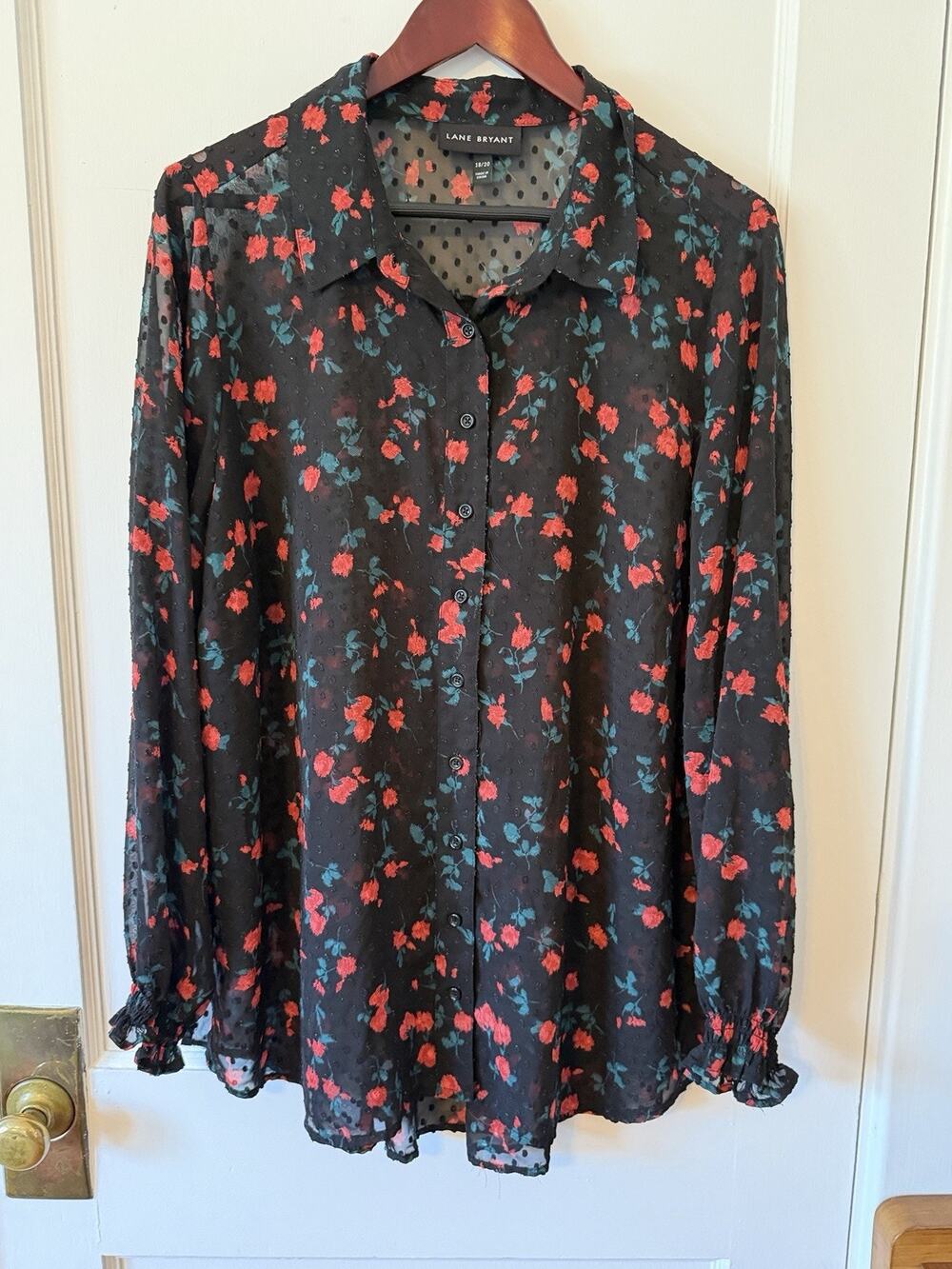 Lane Bryant Button Down Blouse Size 18/20 Black Floral Long Sleeve Sheer Boho